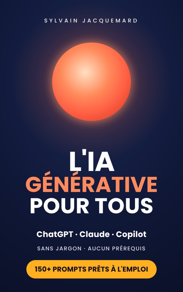Nouvelle couverture bleu nuit et corail du livre L'IA générative pour tous de Sylvain Jacquemard